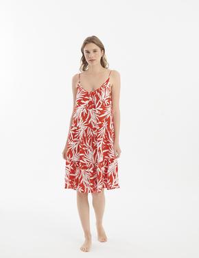 Kadın Kırmızı Palmiye Desenli Askılı Plaj Elbisesi