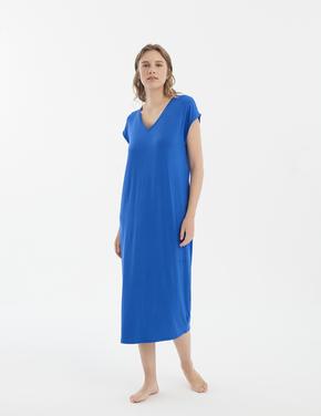 Kadın Mavi V Yaka Midi Plaj Elbisesi