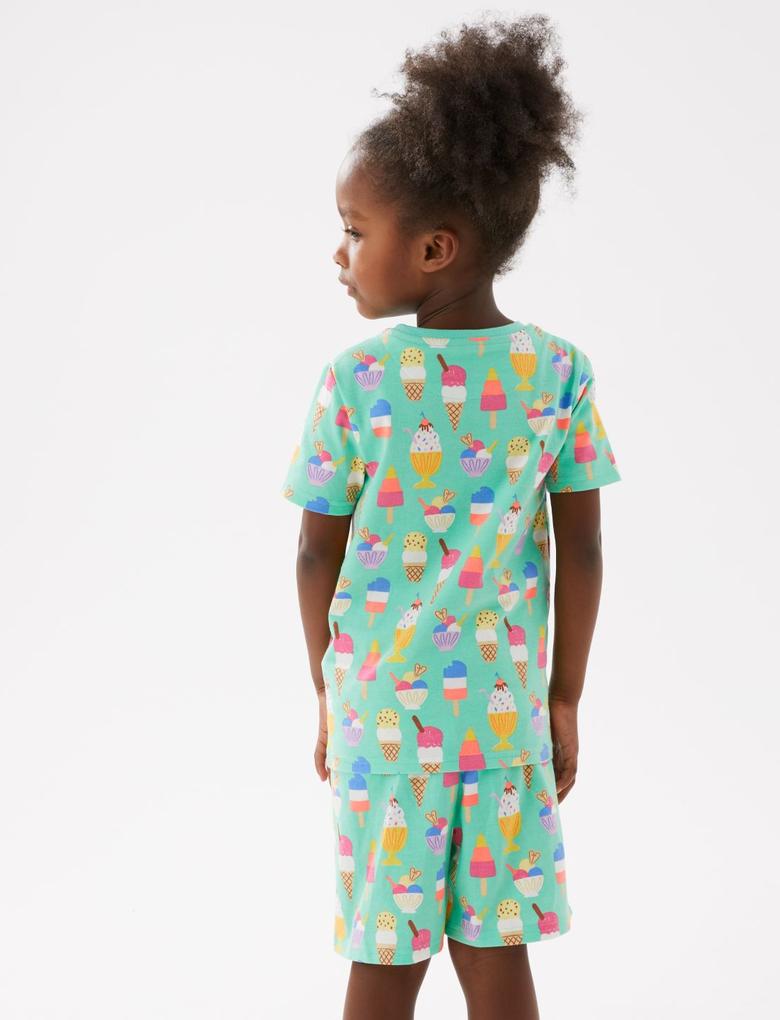 Çocuk Yeşil Dondurma Desenli Kısa Kollu Pijama Takımı (1-7 Yaş)