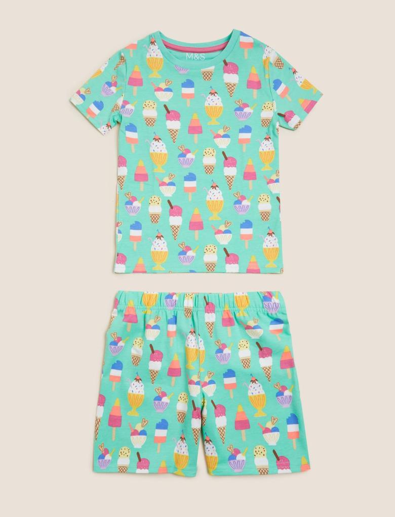 Çocuk Yeşil Dondurma Desenli Kısa Kollu Pijama Takımı (1-7 Yaş)