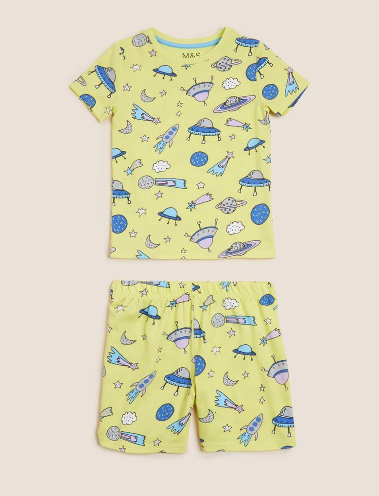 Çocuk Sarı Grafik Desenli Kısa Kollu Pijama Takımı (1-7 Yaş)
