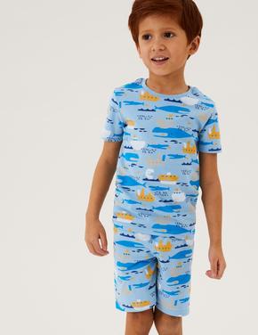 Çocuk Mavi Grafik Desenli Kısa Kollu Pijama Takımı (1-7 Yaş)