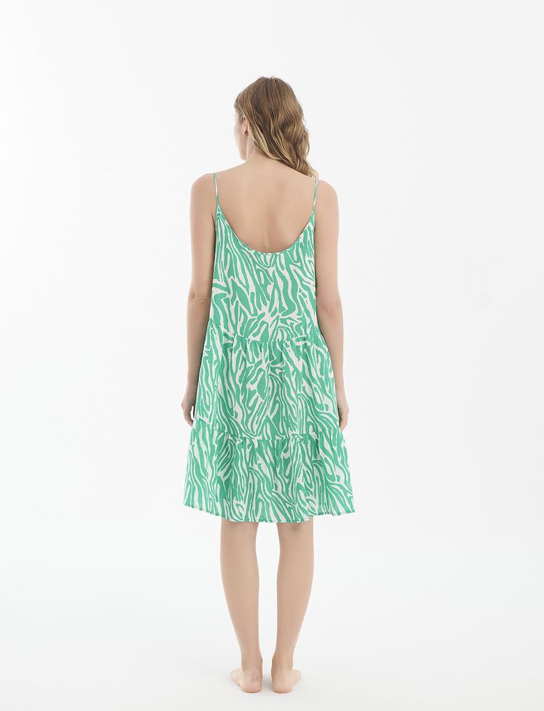 Kadın Yeşil Zebra Desenli İnce Askılı Plaj Elbisesi
