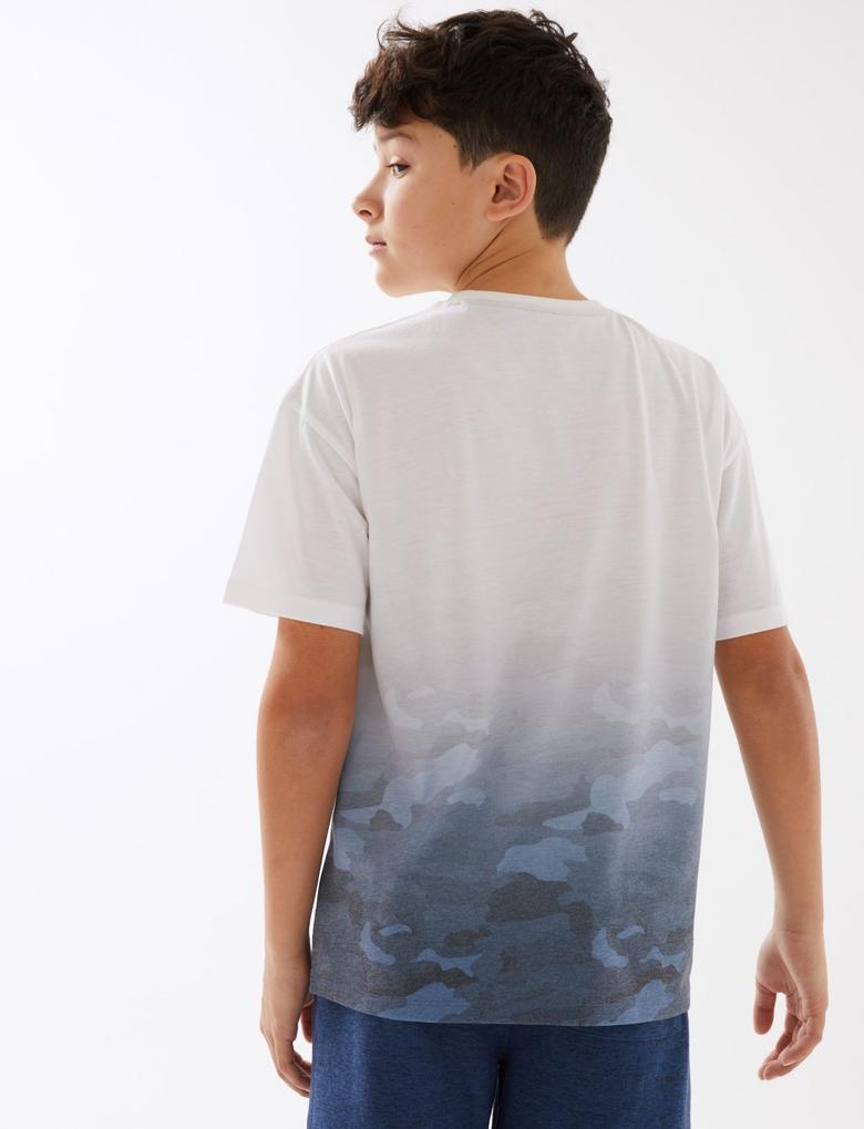 Erkek Çocuk Beyaz Çift Yönlü Pul Detaylı T-Shirt (6-16 Yaş)