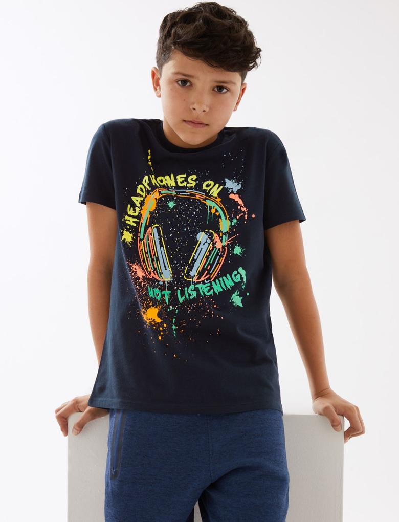 Erkek Çocuk Lacivert Saf Pamuklu Grafik Desenli T-Shirt (6-16 Yaş)
