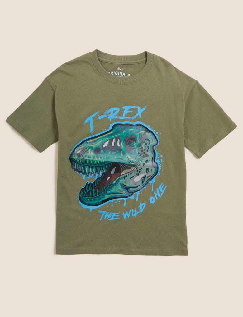 Erkek Çocuk Yeşil Saf Pamuklu Dinozor Desenli T-Shirt (6-16 Yaş)