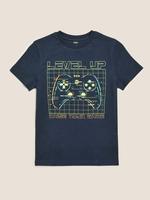 Erkek Çocuk Lacivert Saf Pamuklu Grafik Desenli T-Shirt (6-16 Yaş)