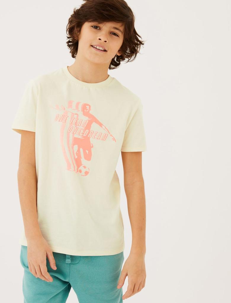 Erkek Çocuk Krem Saf Pamuklu Grafik Desenli T-Shirt (6-16 Yaş)
