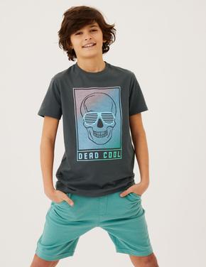 Erkek Çocuk Gri Saf Pamuklu Grafik Desenli T-Shirt (6-16 Yaş)