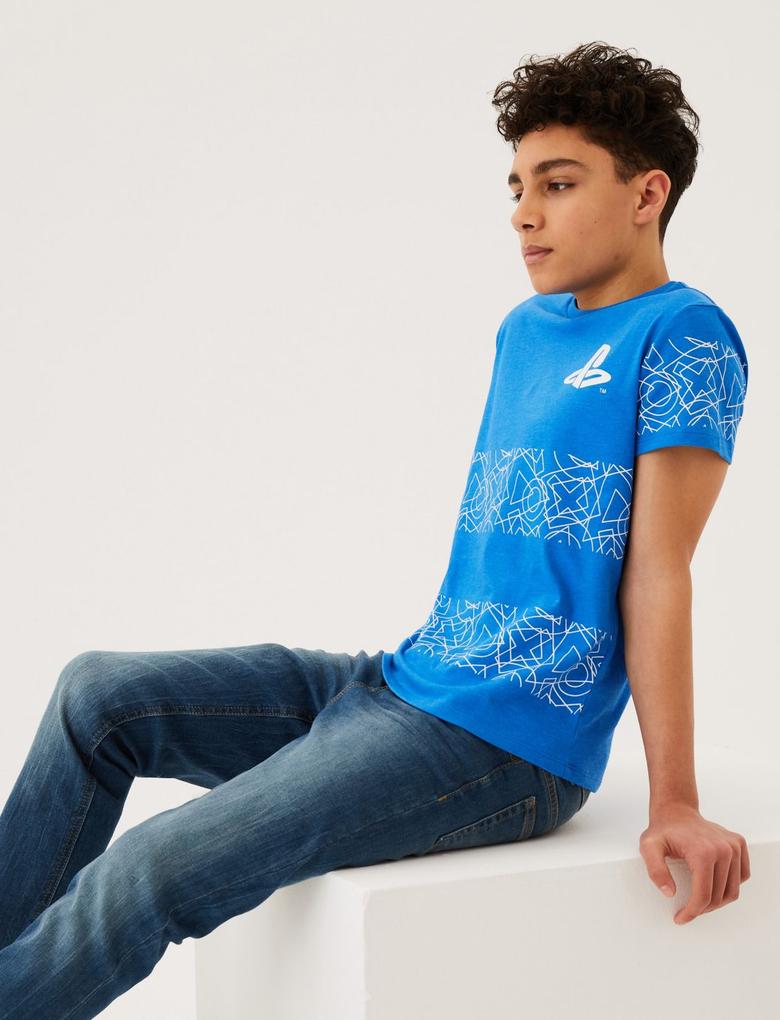 Erkek Çocuk Mavi PlayStation™ Kısa Kollu T-Shirt (6-16 Yaş)