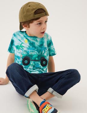 Erkek Çocuk Mavi Saf Pamuklu Batik Desenli T-Shirt (2-7 Yaş)