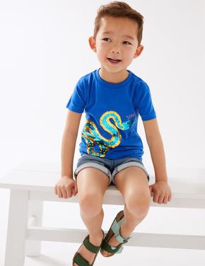 Erkek Çocuk Mavi Saf Pamuklu Çift Yönlü Pul Detaylı T-Shirt (2-7 Yaş)