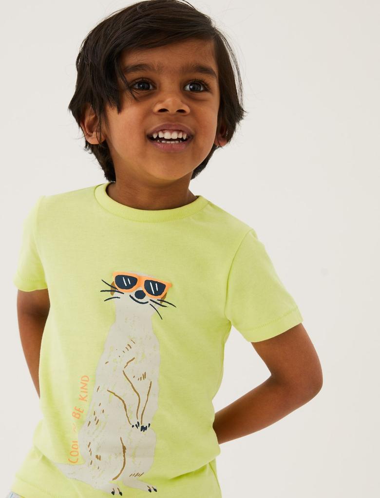 Erkek Çocuk Sarı Saf Pamuklu Grafik Desenli T-Shirt (2-7 Yaş)