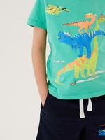 Erkek Çocuk Yeşil Saf Pamuklu Dinozor Desenli T-Shirt (2-7 Yaş)