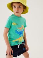 Erkek Çocuk Yeşil Saf Pamuklu Dinozor Desenli T-Shirt (2-7 Yaş)