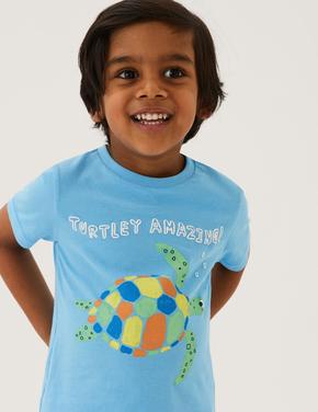 Erkek Çocuk Mavi Saf Pamuklu Kaplumbağa Desenli T-Shirt (2-7 Yaş)