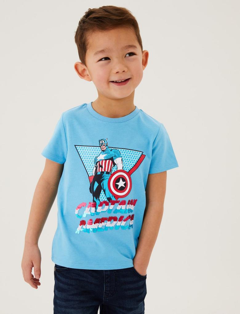 Erkek Çocuk Mavi Saf Pamuklu Captain America™ T-Shirt (2-7 Yaş)