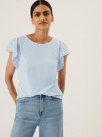 Kadın Mavi Saf Pamuklu İşleme Detaylı Bluz
