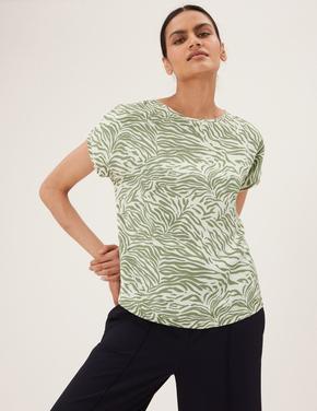 Kadın Yeşil Zebra Desenli Kısa Kollu T-Shirt
