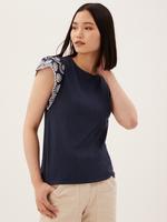 Kadın Lacivert Saf Pamuklu İşleme Detaylı Bluz