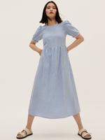 Kadın Mavi Saf Pamuklu Kareli Midi Elbise