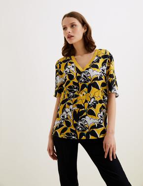 Kadın Multi Renk Çiçek Desenli V Yaka Bluz