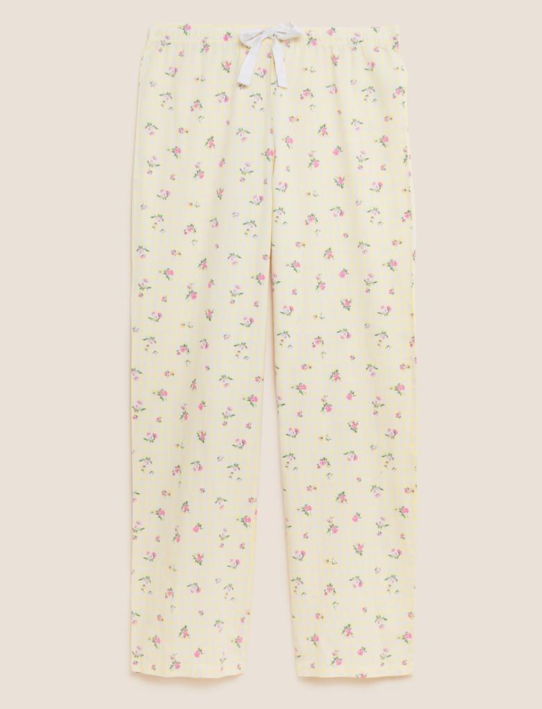 Kadın Sarı Saf Pamuklu Çiçek Desenli Pijama Altı