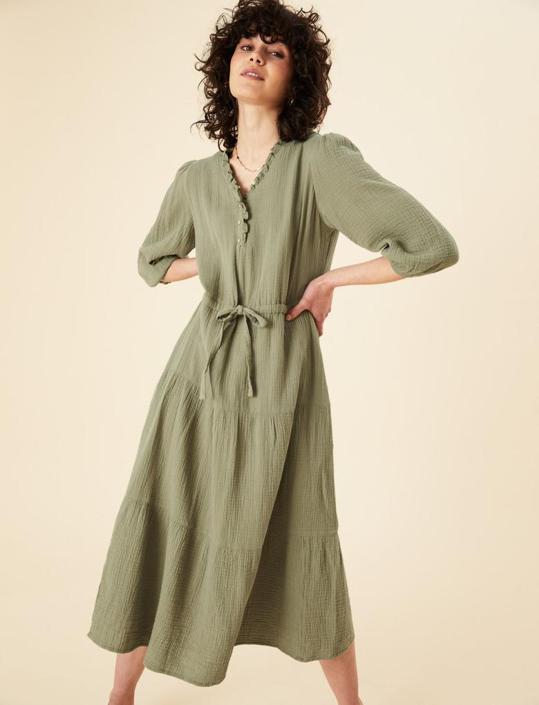Kadın Yeşil Saf Pamuklu Uzun Kollu Midi Elbise