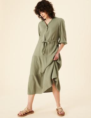 Kadın Yeşil Saf Pamuklu Uzun Kollu Midi Elbise