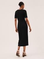 Kadın Siyah Büzgü Detaylı Kısa Kollu Midi Elbise