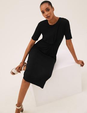 Kadın Siyah Büzgü Detaylı Kısa Kollu Midi Elbise