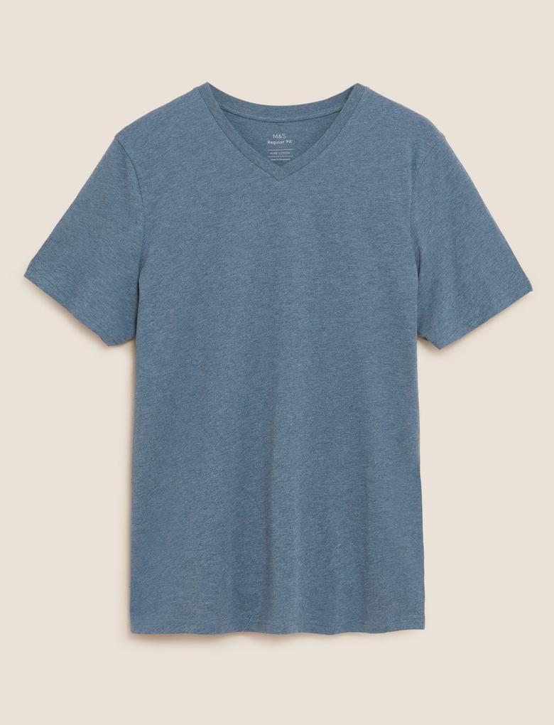 Erkek Mavi Saf Pamuklu V Yaka T-Shirt