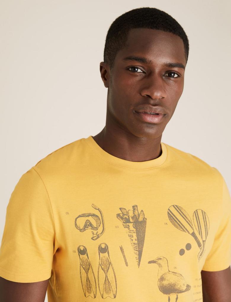 Erkek Sarı Saf Pamuklu Grafik Desenli T-Shirt