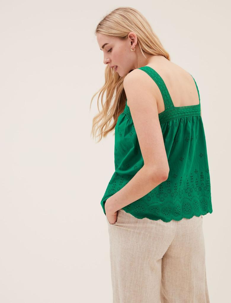 Kadın Yeşil Saf Pamuklu İşleme Detaylı Bluz