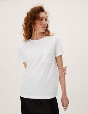 Kadın Beyaz Saf Pamuklu Kısa Kollu T-Shirt