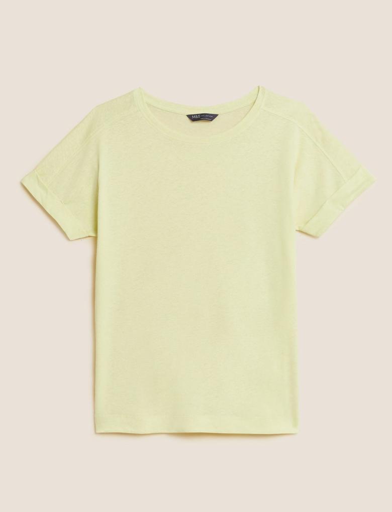 Kadın Sarı Regular Fit Kısa Kollu Keten T-Shirt