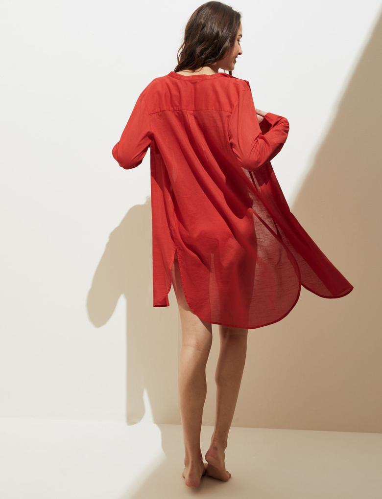 Kadın Kırmızı Saf Pamuklu Uzun Kollu Plaj Elbisesi