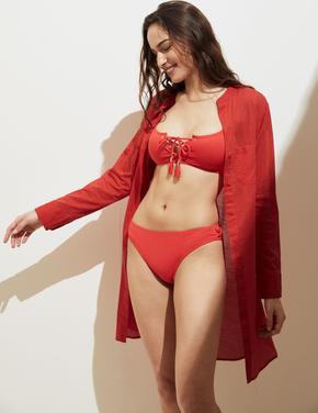 Kadın Kırmızı Saf Pamuklu Uzun Kollu Plaj Elbisesi
