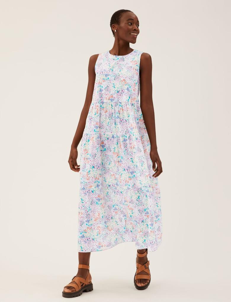 Kadın Multi Renk Saf Pamuklu Çiçek Desenli Midi Elbise