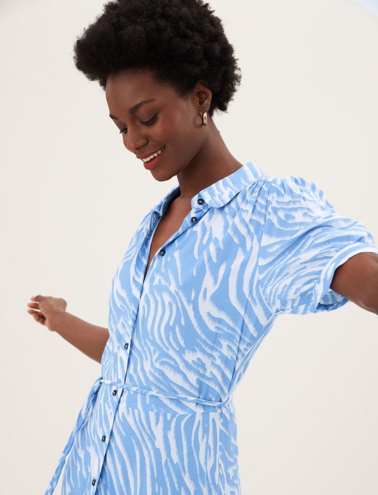 Kadın Mavi Kısa Kollu Midi Gömlek Elbise