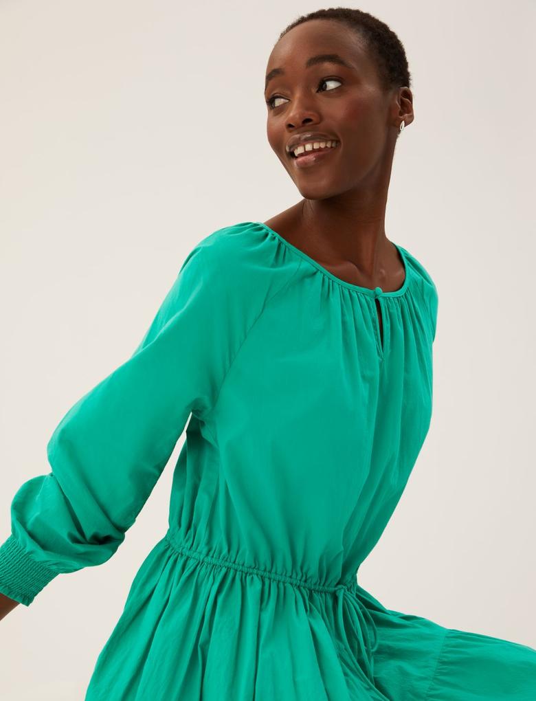 Kadın Yeşil Saf Pamuklu Uzun Kollu Mini Elbise
