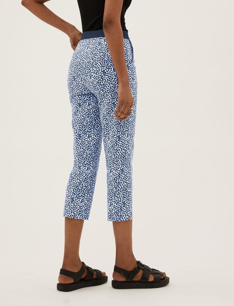 Kadın Mavi Çiçek Desenli Slim Fit Pantolon