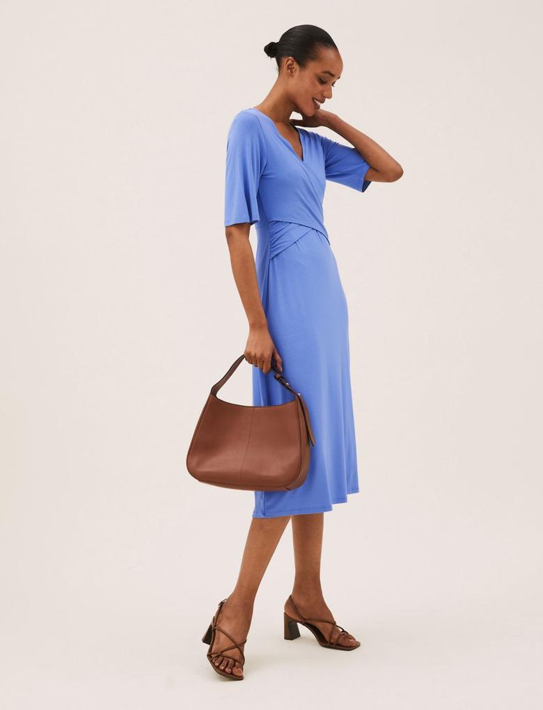 Kadın Mavi V Yaka Midi Elbise