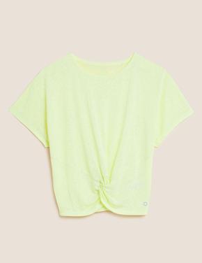 Kadın Sarı Büzgü Detaylı Crop T-Shirt