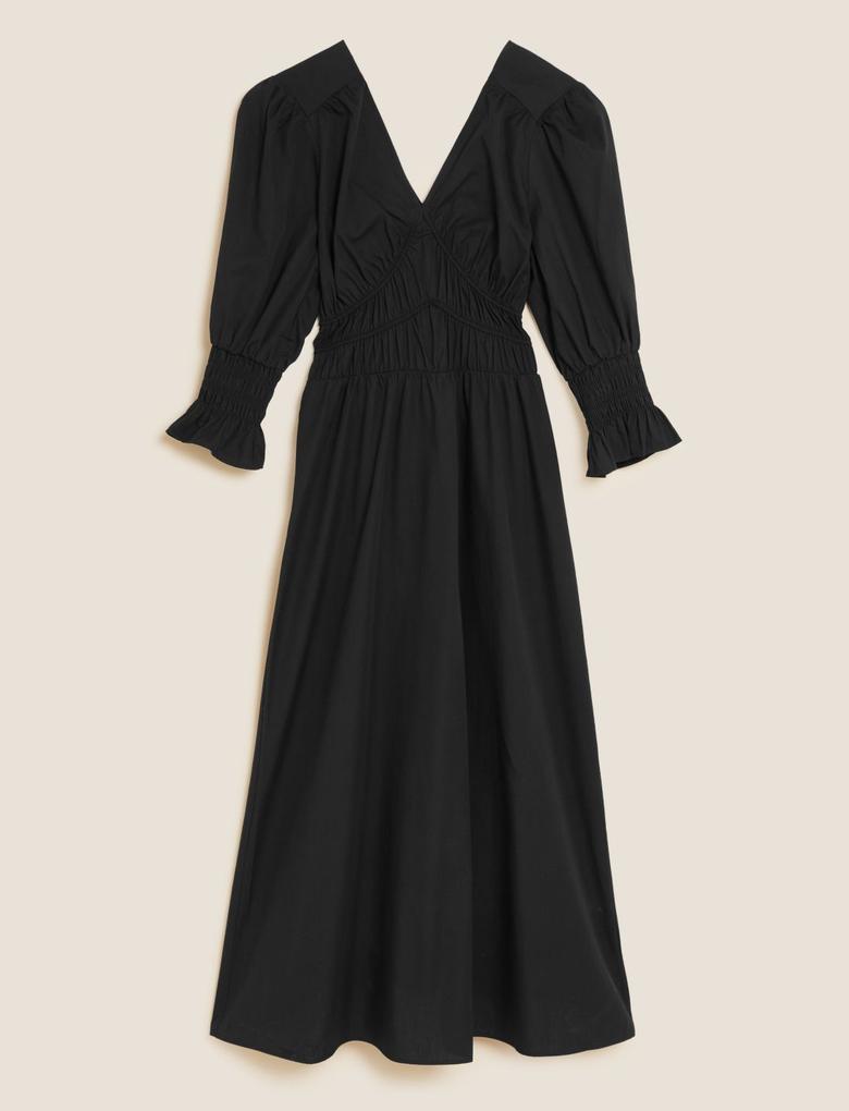 Kadın Siyah Saf Pamuklu V Yaka Midi Elbise