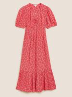 Kadın Kırmızı Çiçek Desenli Midi Elbise