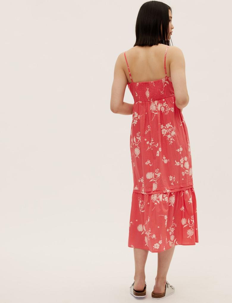 Kadın Pembe Saf Pamuklu Çiçek Desenli Midi Elbise