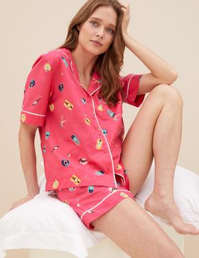 Kadın Pembe Saf Pamuklu Kısa Kollu Pijama Takımı