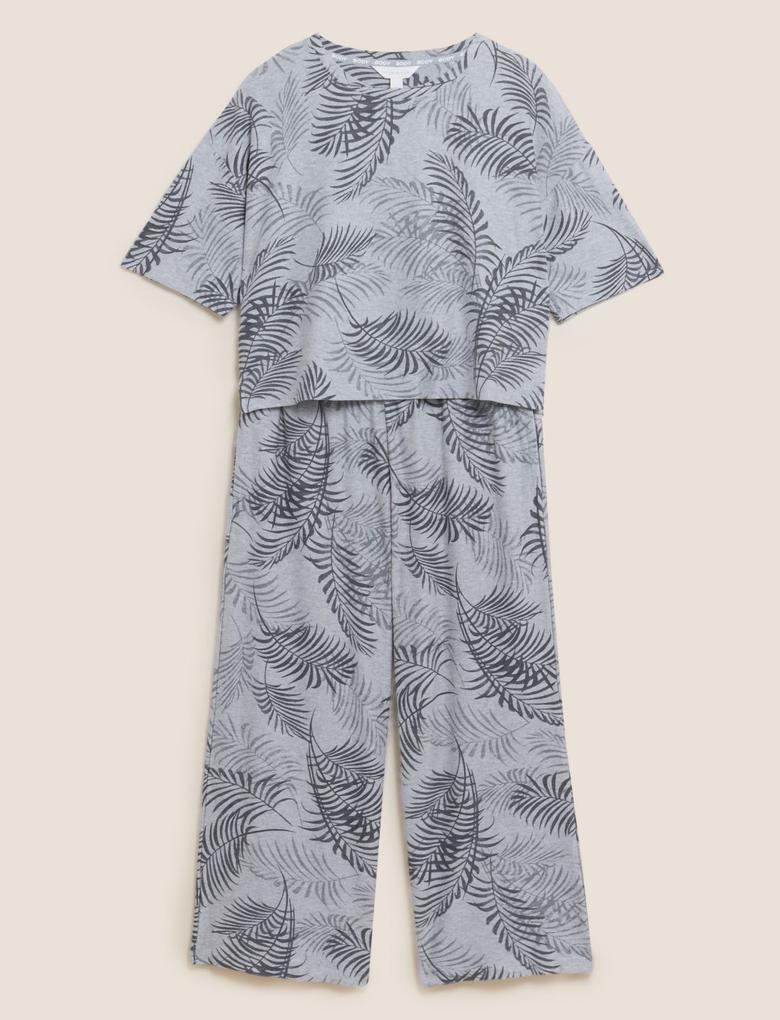 Kadın Gri Yaprak Desenli Kısa Kollu Pijama Takımı