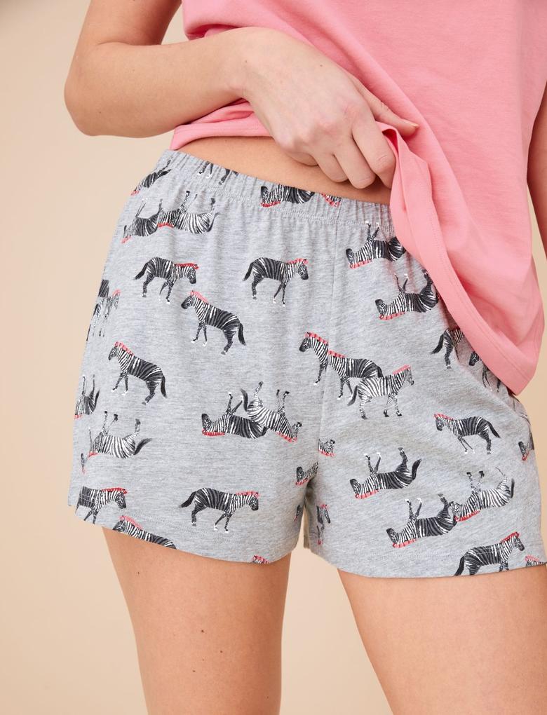 Kadın Gri Saf Pamuklu Zebra Desenli Pijama Takımı